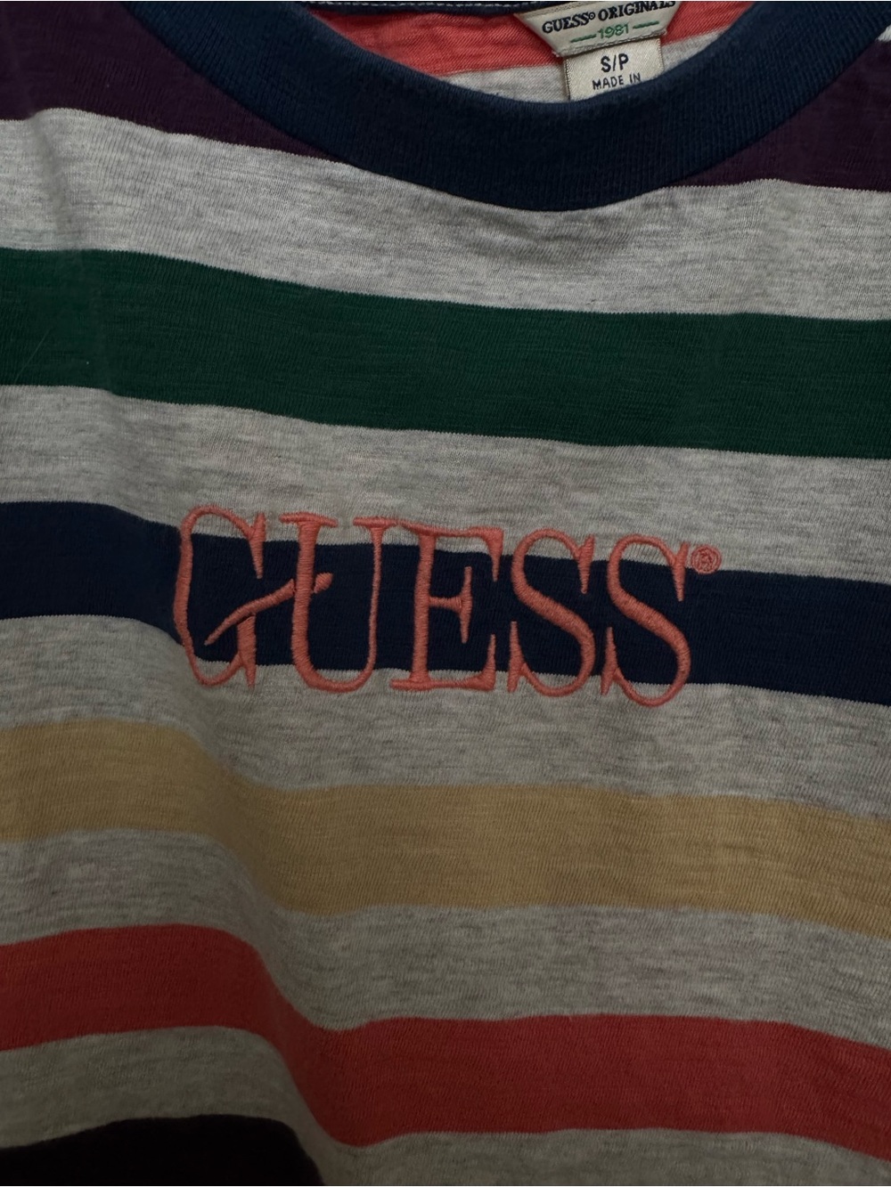 Guess Multi-Striped Crewneck Top with Coral Logo Vintage